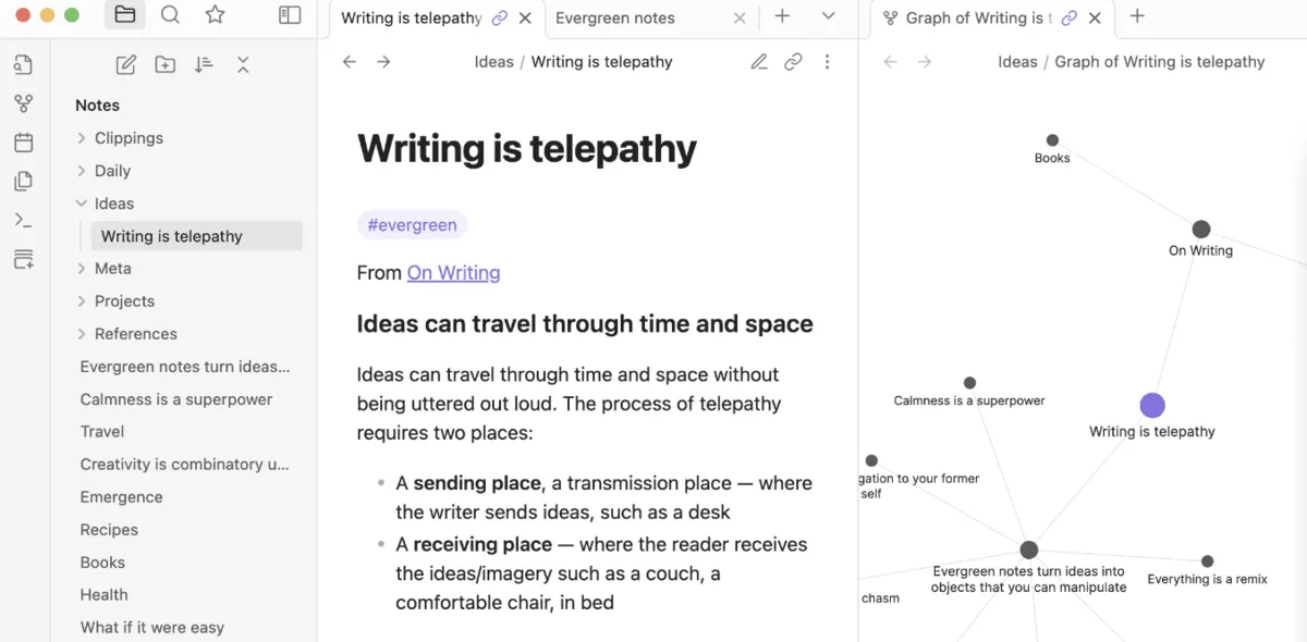 A screenshot of a project management software featuring a knowledge management workspace with linked note-taking, tag organization, and a graph view of connected ideas. Keyword: notion alternatives.