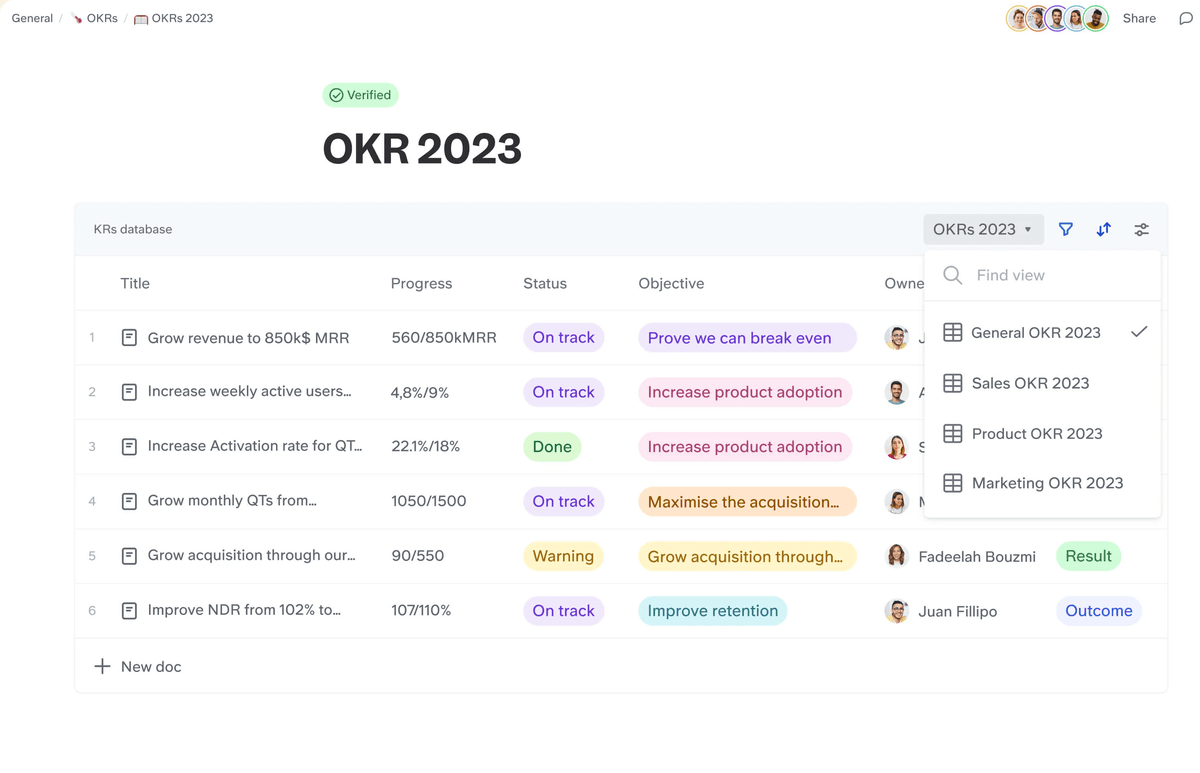 A screenshot of a project management software presenting OKRs for 2023 with goal titles, progress metrics, statuses, and responsible team members. Keyword: notion alternatives.