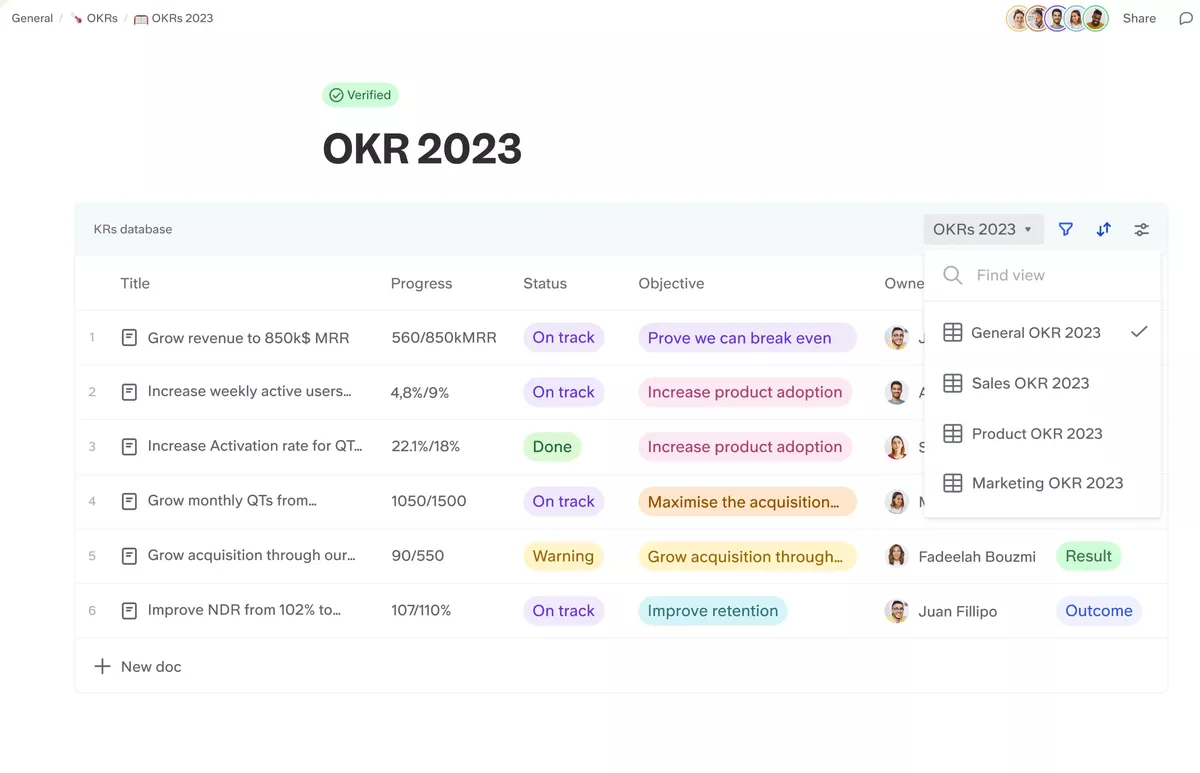 A screenshot of a project management software presenting OKRs for 2023 with goal titles, progress metrics, statuses, and responsible team members. Keyword: notion alternatives.