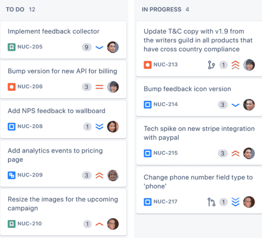 A screenshot of a project management software Kanban board with categorized tasks under "To Do" and "In Progress" columns, displaying ticket numbers, priorities, and assignees for a development workflow within workflow approval software.