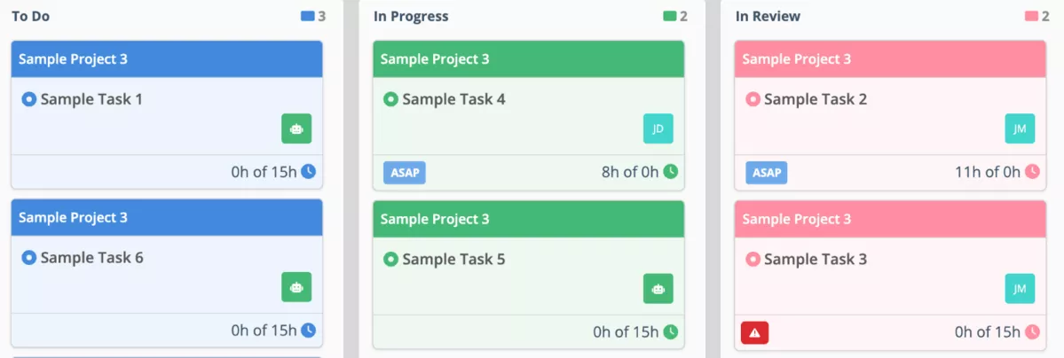 A screenshot of a project management software that integrates with QuickBooks displaying tasks under “To Do,” “In Progress,” and “In Review” columns, with task time tracking, assignees, and priority indicators.