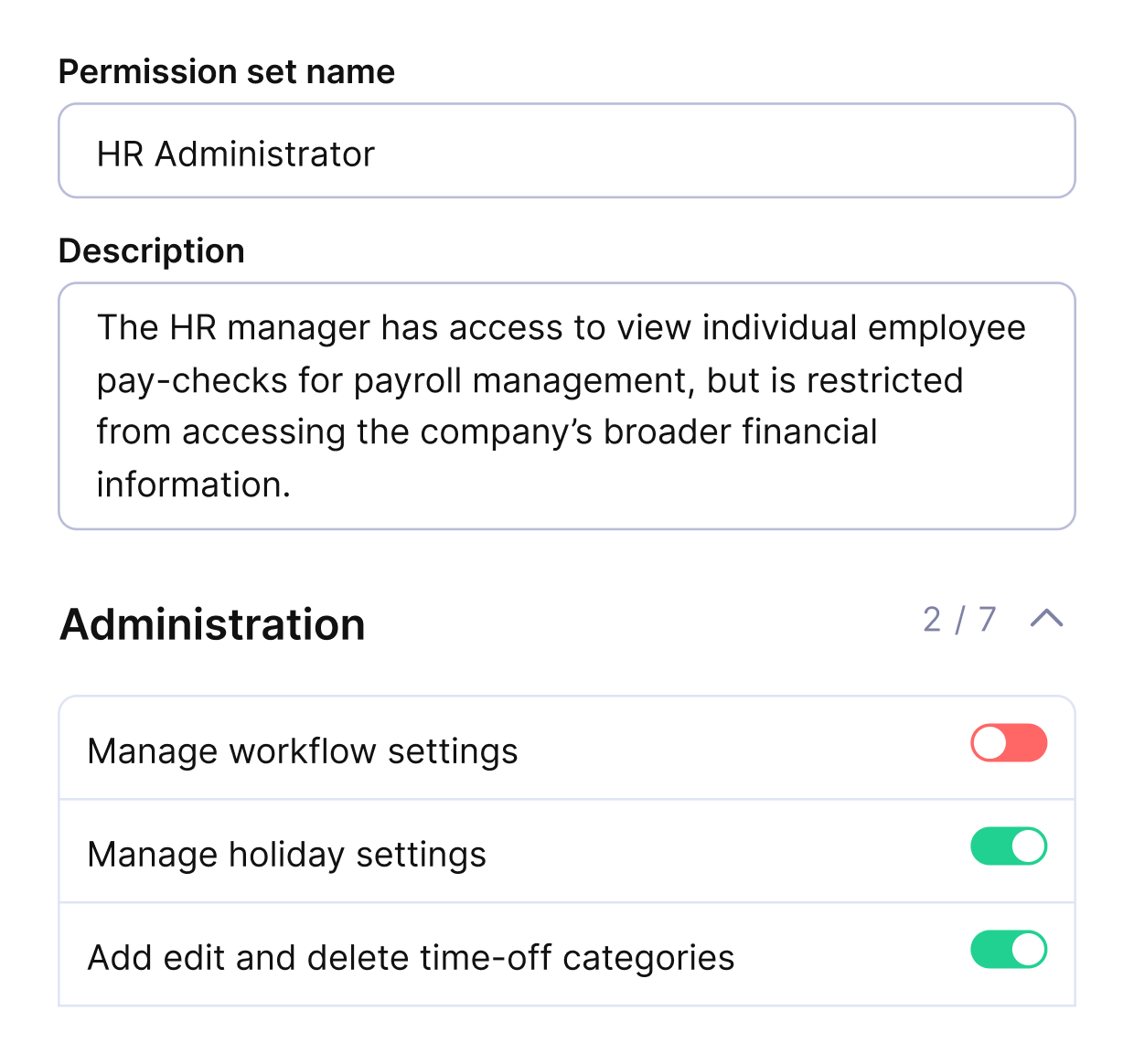 A screenshot of a project management software showing permission settings for an HR administrator, including toggles for managing workflow and holiday settings. Keyword: notion alternatives.