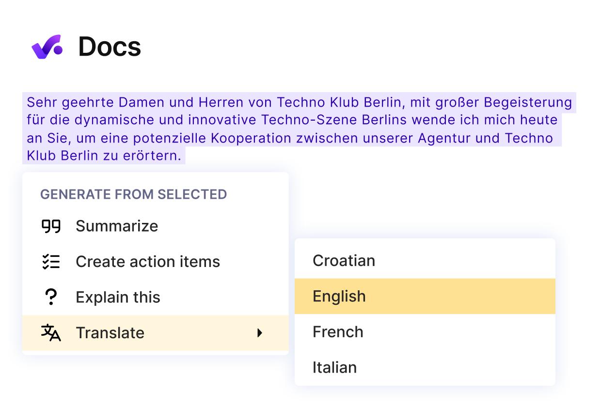 A screenshot of a project management software using AI features to summarize, create actions, explain, or translate highlighted German text into multiple languages. Keyword: notion alternatives.
