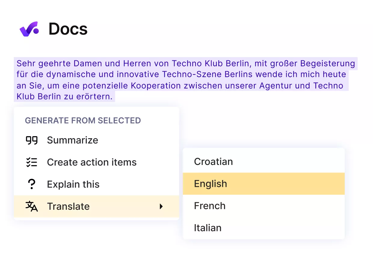A screenshot of a project management software using AI features to summarize, create actions, explain, or translate highlighted German text into multiple languages. Keyword: notion alternatives.