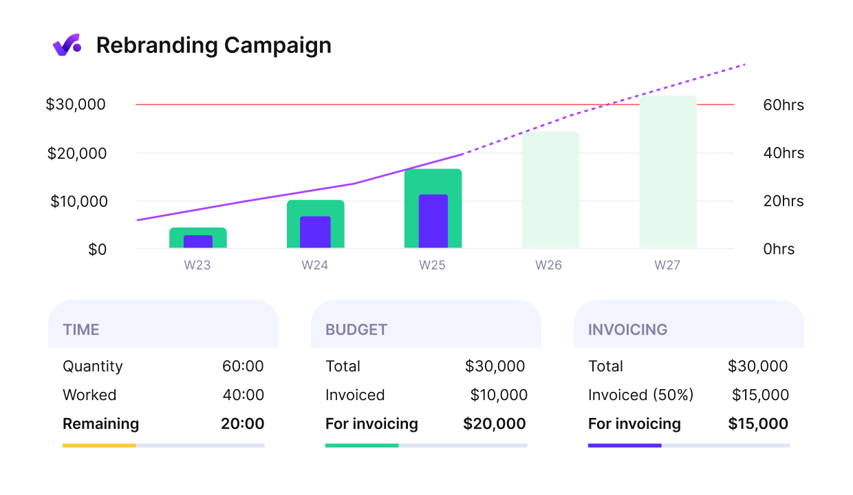 Dashboard view for a rebranding campaign showing project expense forecasting with a bar and line chart of budget usage over weeks, plus time tracking, budget breakdown, and invoicing details.