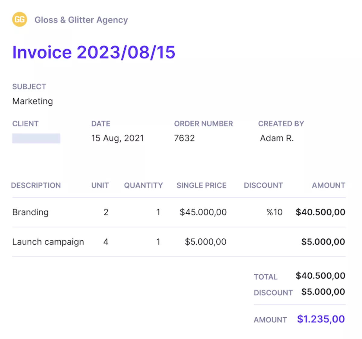 A screenshot of a project management software that integrates with QuickBooks showing a detailed invoice dated August 15, 2021, for branding and campaign services, with unit price, discount, and total amount.