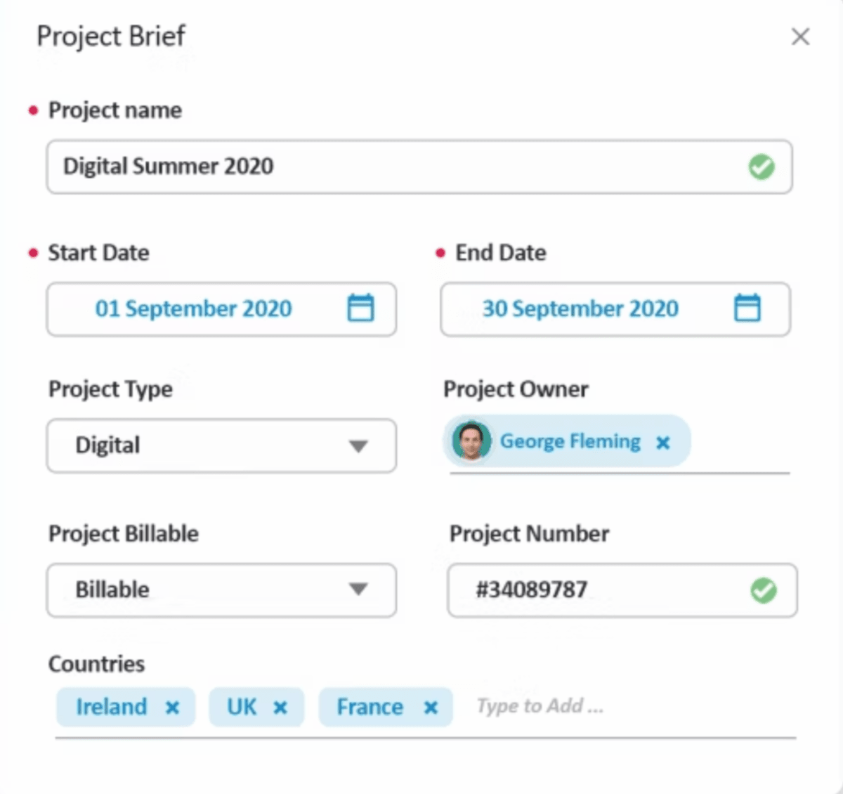 a screenshot of a project management software displaying a project brief form with fields for dates, owner, type, billable status, and countries, highlighting monday alternatives.