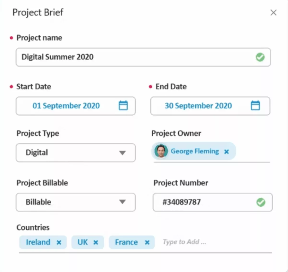 a screenshot of a project management software displaying a project brief form with fields for dates, owner, type, billable status, and countries, highlighting monday alternatives.