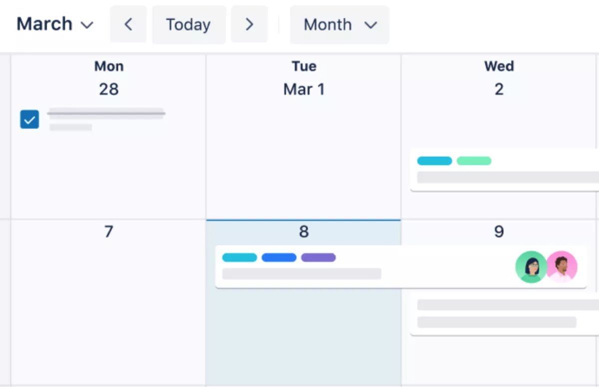 a screenshot of a project management software featuring a month calendar view with tasks assigned to different days and team avatars, representing monday alternatives.