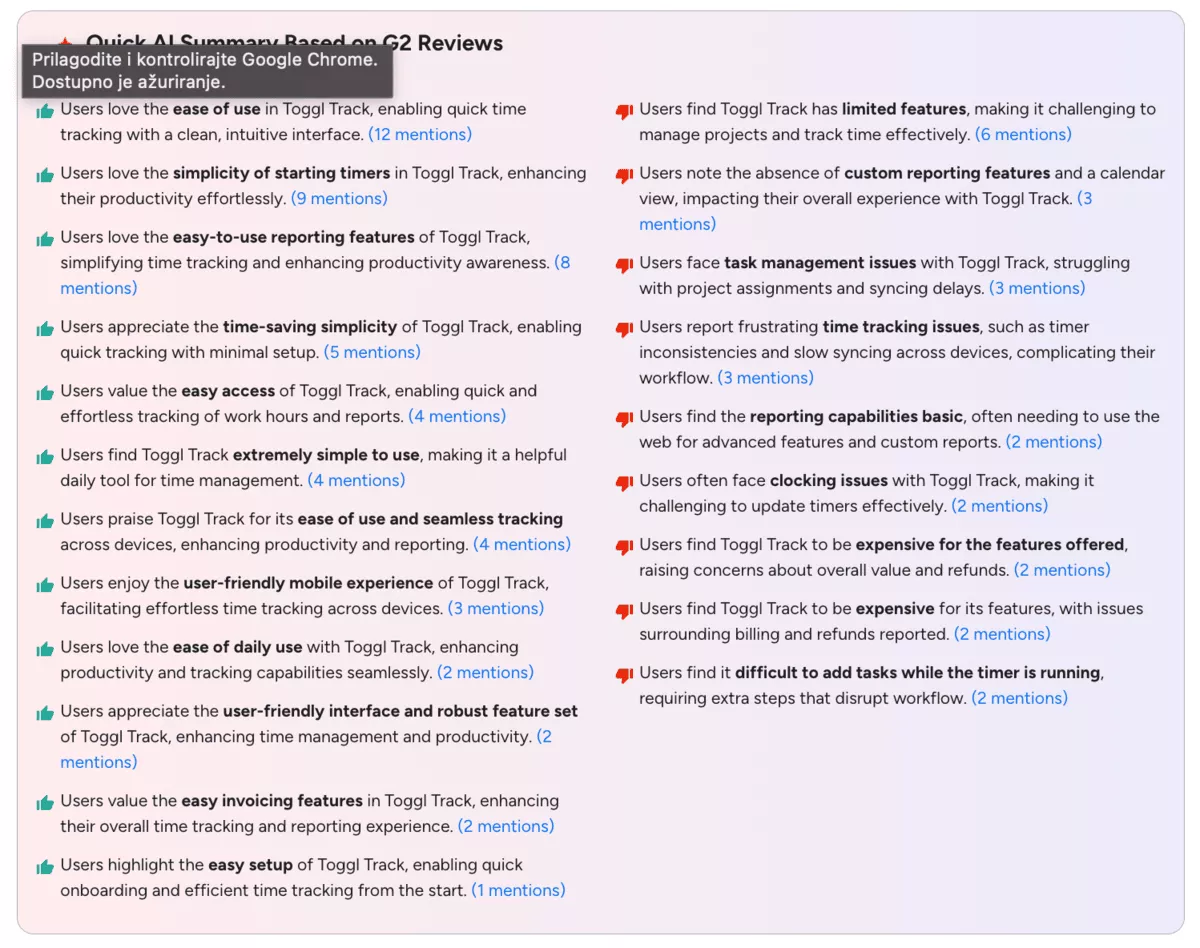 AI-generated summary of Toggl Track reviews showing user feedback on ease of use, limitations, pricing, and reporting, providing context for toggl alternatives