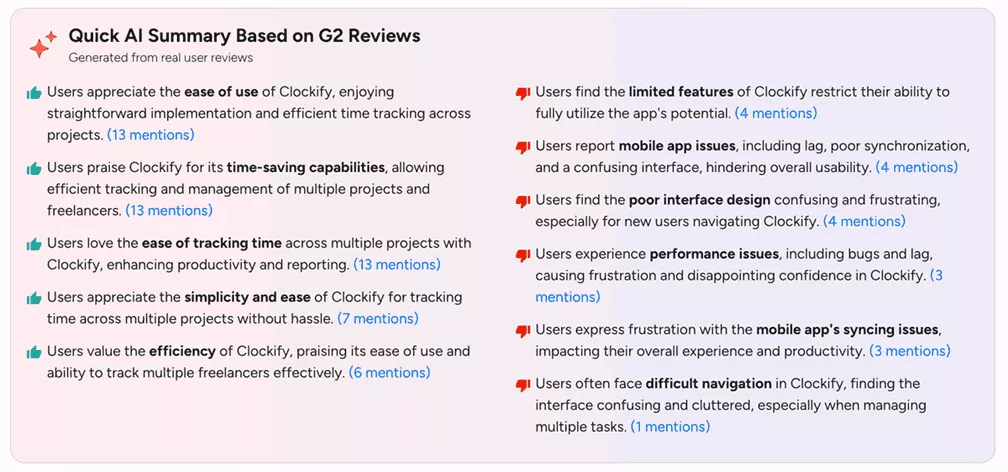 AI-generated summary of Clockify reviews showing user praise and complaints about features, usability, and performance, providing context for clockify alternatives