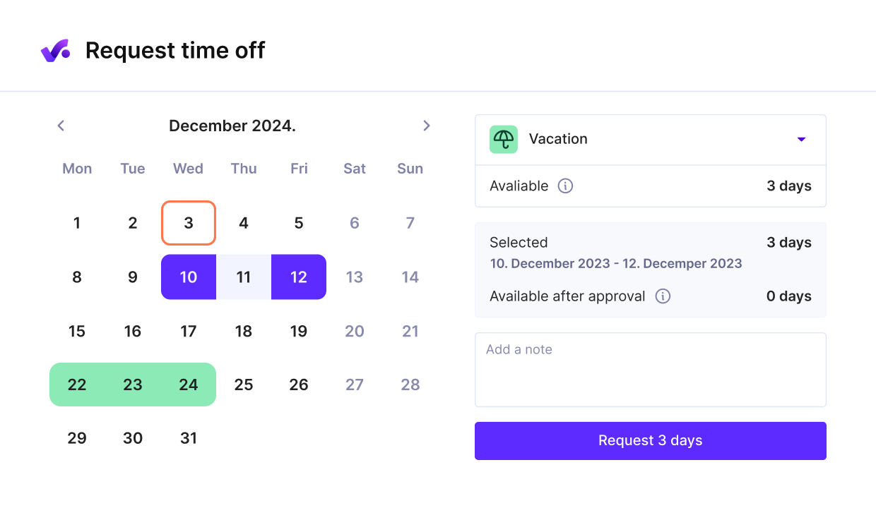 a screenshot of a project management software showing a vacation request calendar for December 2024 with selected days highlighted and a summary of available time off, supporting planning tied to how to calculate resource capacity.