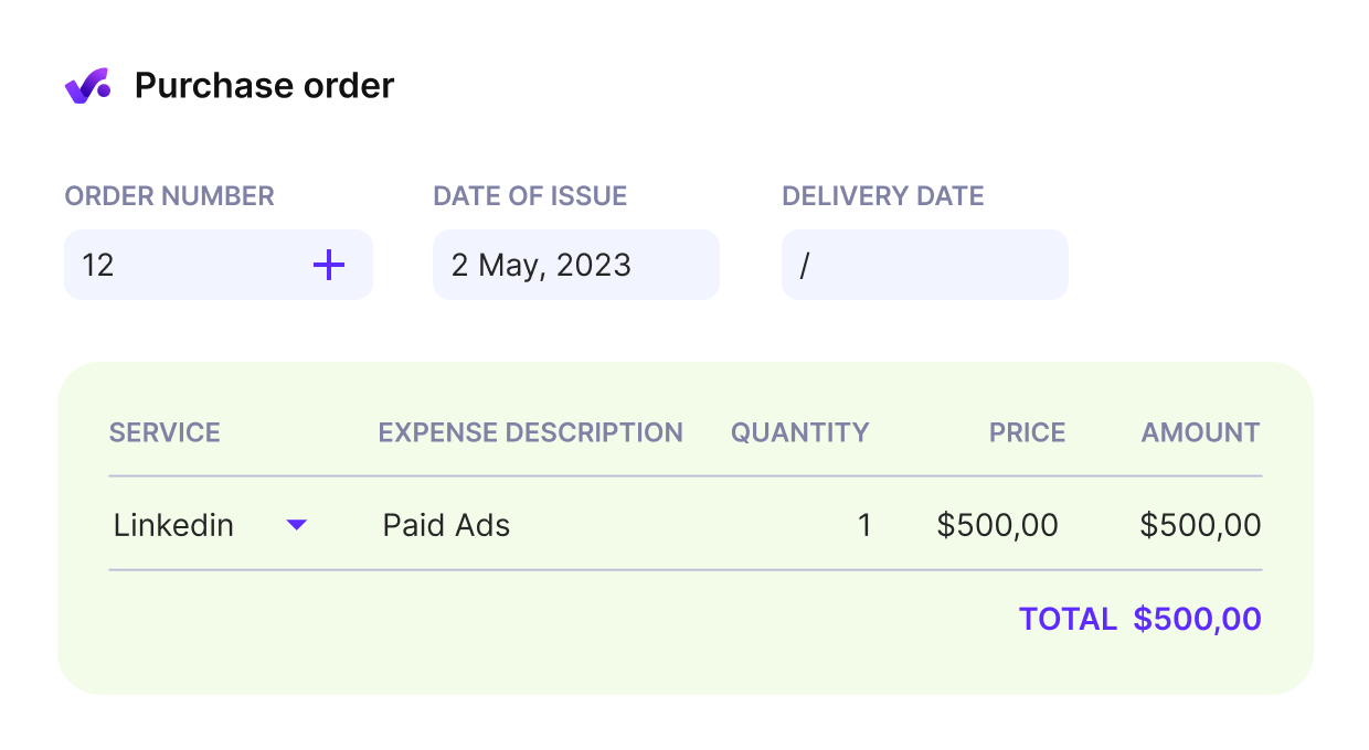 a screenshot of a project management software showing a resource planning purchase order interface, including an order number, issue date, service selection, expense description, quantity, pricing, and a calculated total.