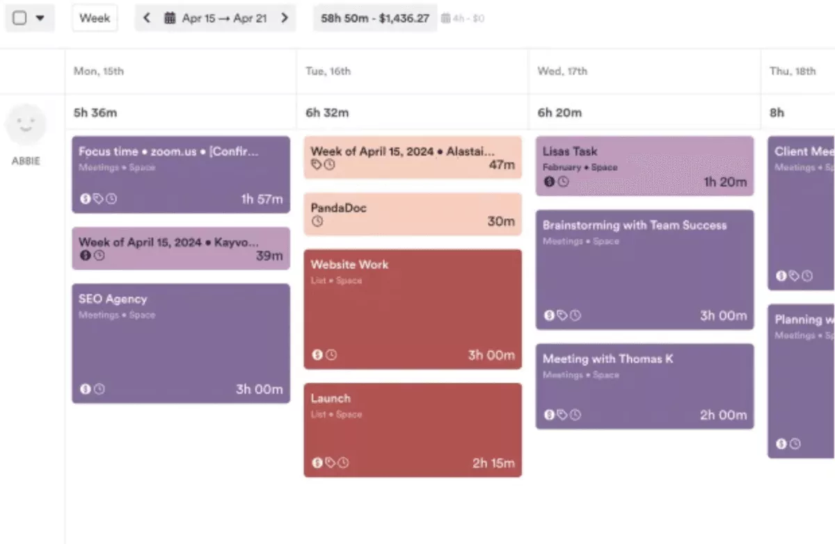 Calendar-style task timeline with scheduled work blocks, task durations, and assigned team members, demonstrating clockify alternatives for visual time planning