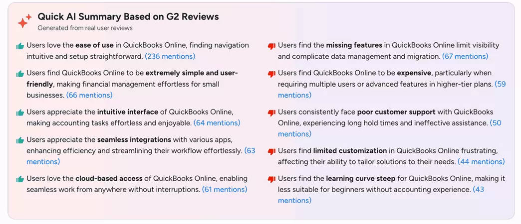 AI-generated summary of QuickBooks user reviews highlighting pros, cons, pricing, usability, and feature limitations compared to Quickbooks alternatives