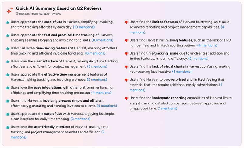 a screenshot of a project management software showing a G2 reviews summary with pros and cons of Harvest alternatives, highlighting usability, time tracking, invoicing, and project resource management features.