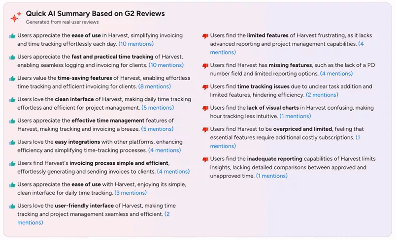 a screenshot of a project management software showing a G2 reviews summary with pros and cons of Harvest alternatives, highlighting usability, time tracking, invoicing, and project resource management features.