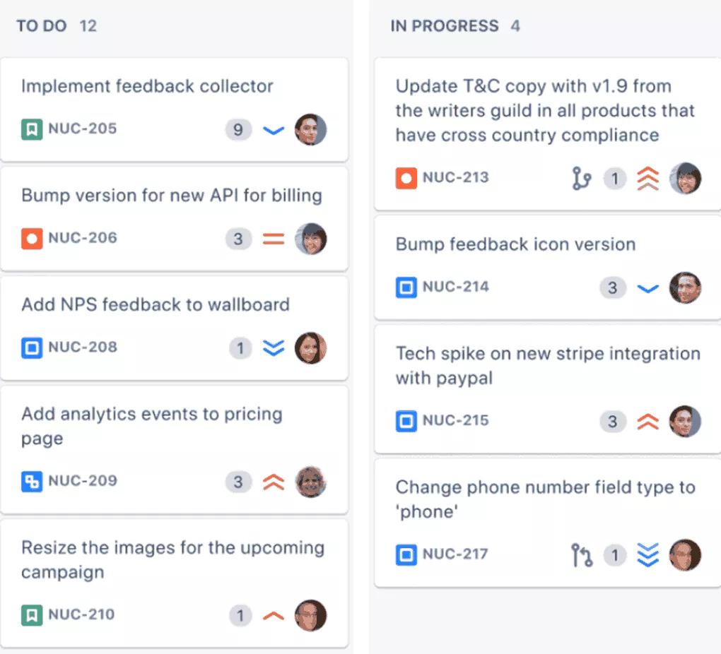 Task board displaying to do and in progress items with ticket IDs, priorities, assignees, and status indicators in wrike alternatives