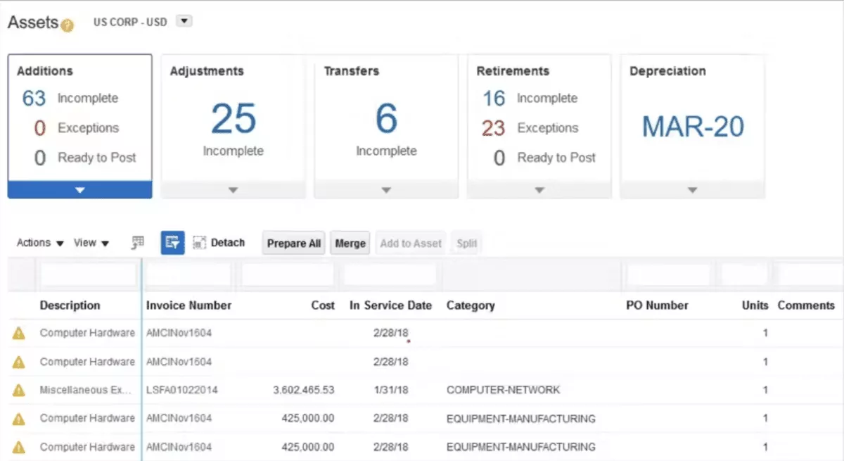 Fixed assets dashboard showing additions, adjustments, transfers, retirements, and depreciation tracking in Quickbooks alternatives