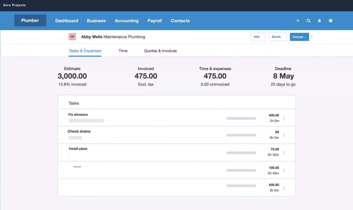 Project management screen listing tasks, expenses, invoiced amounts, deadlines, and time tracking in Quickbooks alternatives
