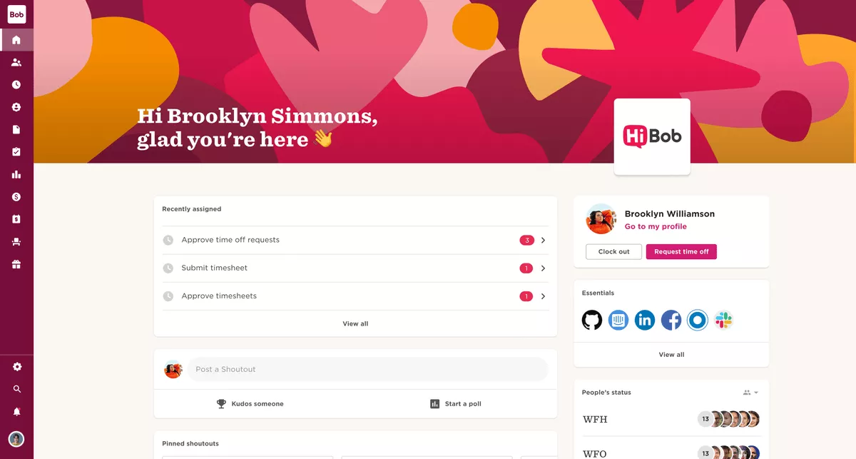 Employee self-service dashboard with time tracking, approvals, requests, and activity feed shown in a BambooHR alternatives HR system.