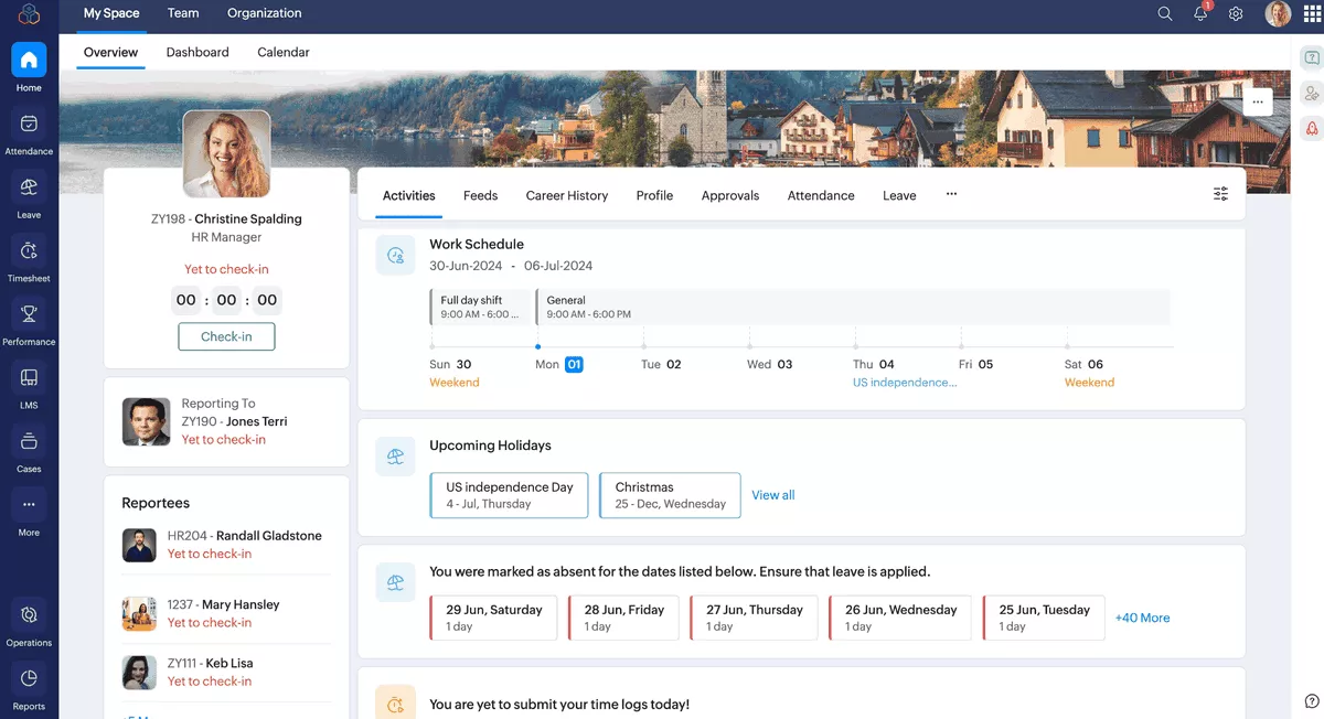 HR attendance and work schedule overview showing check-in status, holidays, absences, and reporting structure in BambooHR alternatives.