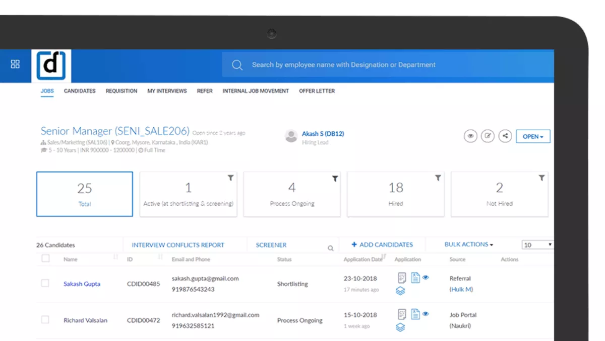 Hiring dashboard displaying job requisition details, candidate pipeline stages, and hiring metrics in BambooHR alternatives ATS software.