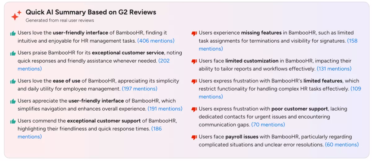 AI-generated user review summary highlighting pros and cons of HR software features for BambooHR alternatives comparison.