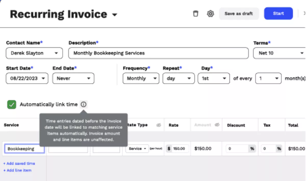 Karbon HQ alternatives recurring invoice dashboard showing monthly bookkeeping setup, automated time linking, service rates, tax fields, and billing frequency controls.