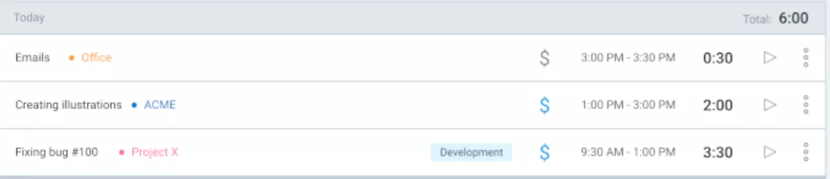 Clockify time tracker displaying daily time entries, project names, billable amounts, and duration logs as part of top Everhour alternatives.
