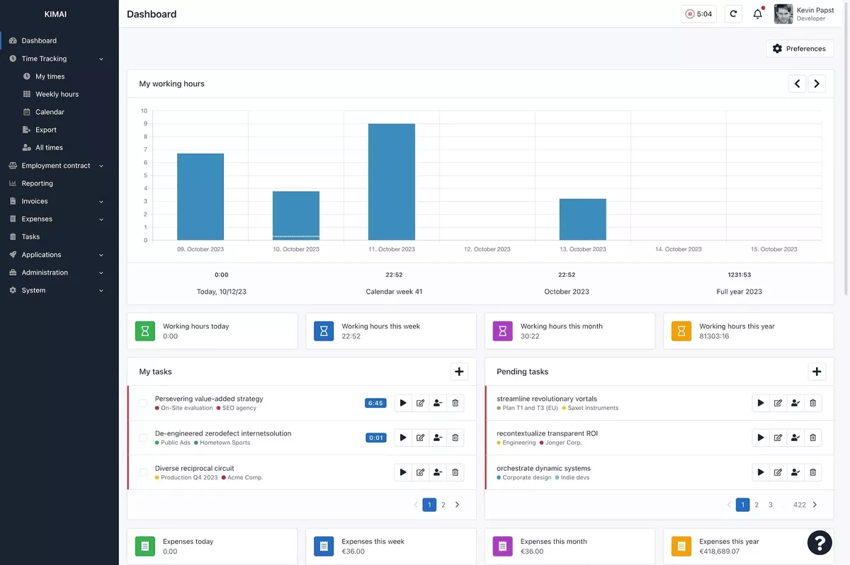 Kimai dashboard with working hours chart, weekly totals, task management panel, and expense tracking included among open-source Everhour alternatives.
