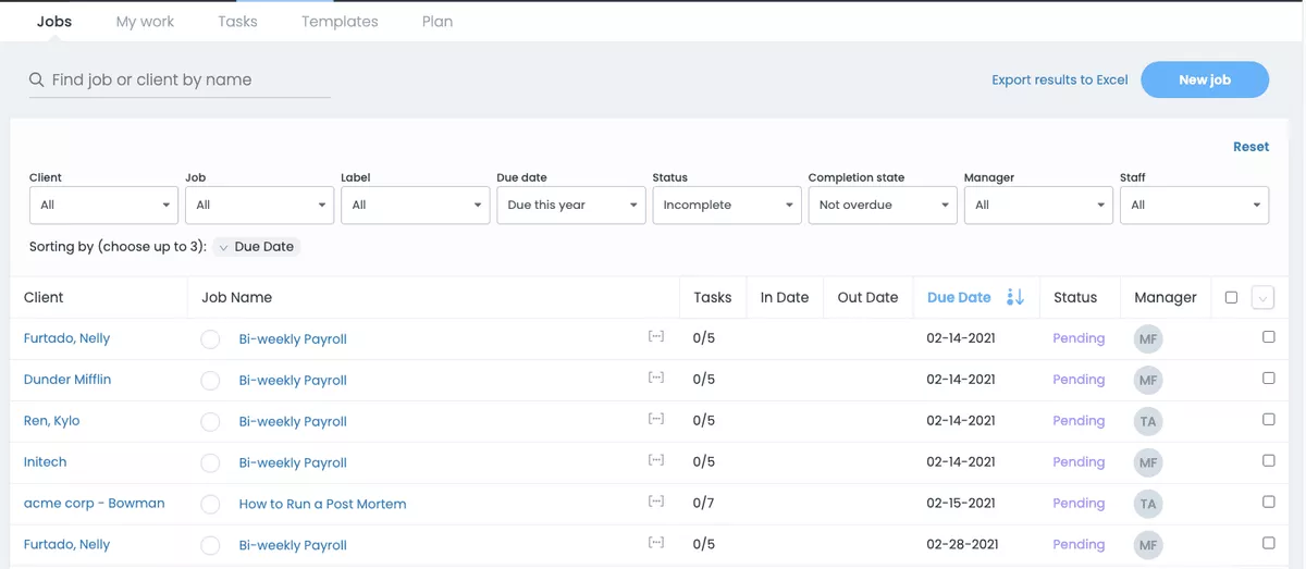 Karbon HQ alternatives job tracking dashboard featuring sortable due dates, pending statuses, staff assignments, and export to Excel option.