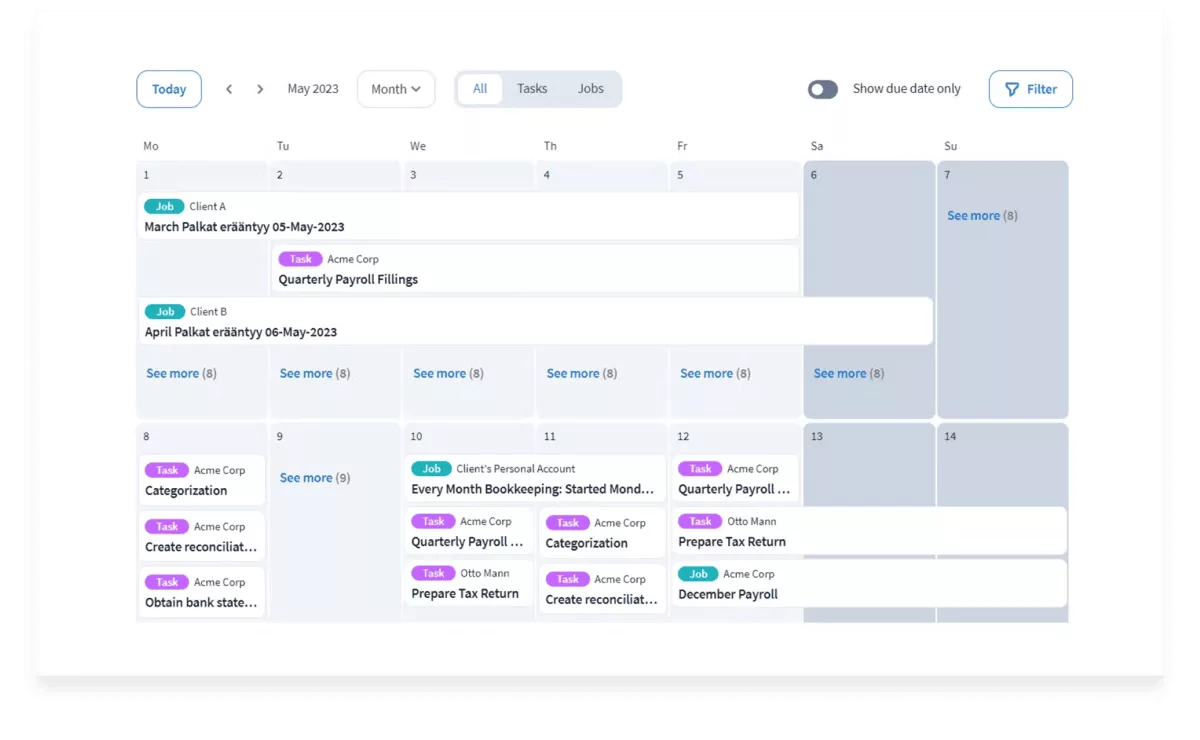 Karbon HQ alternatives calendar view displaying monthly job scheduling, payroll tasks, tax return deadlines, and client assignments in timeline format.