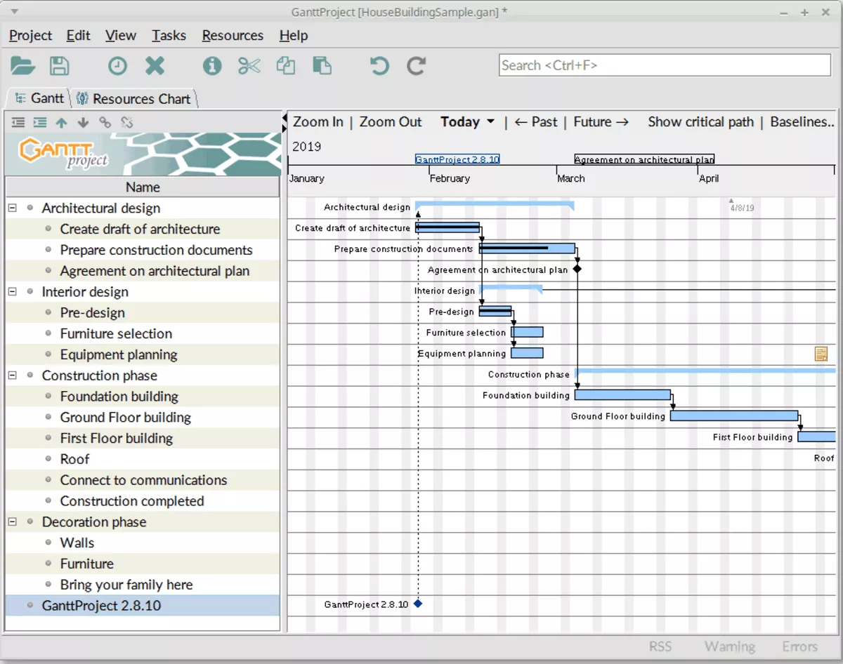 TeamGantt alternatives desktop Gantt chart software displaying architectural design tasks, construction phases, dependencies, and critical path timeline view.