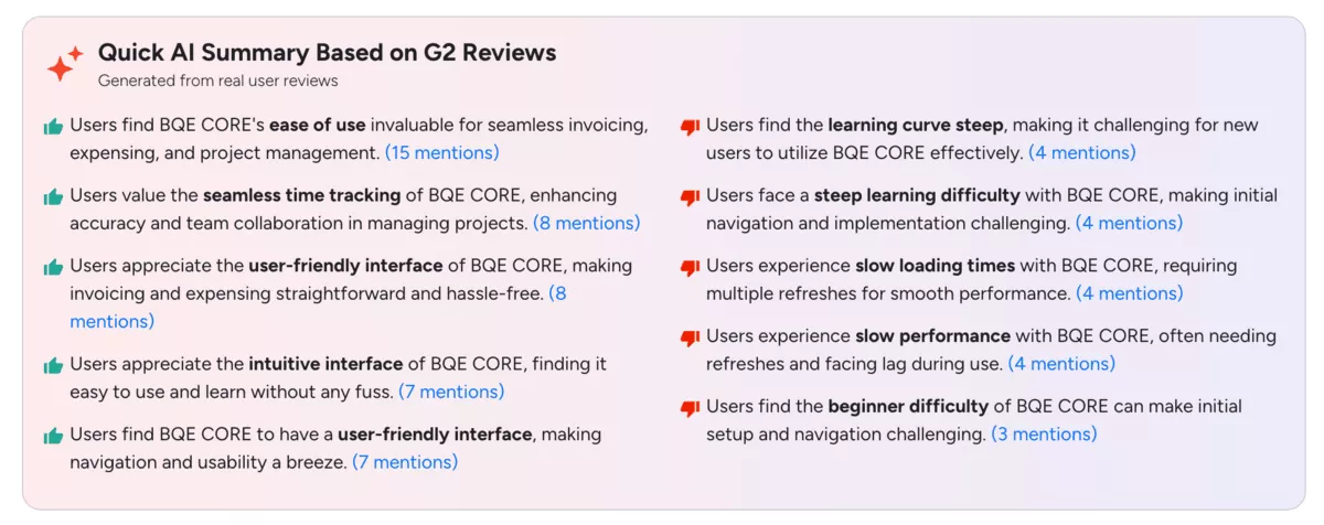 Screenshot of a BQE Core review summary on G2