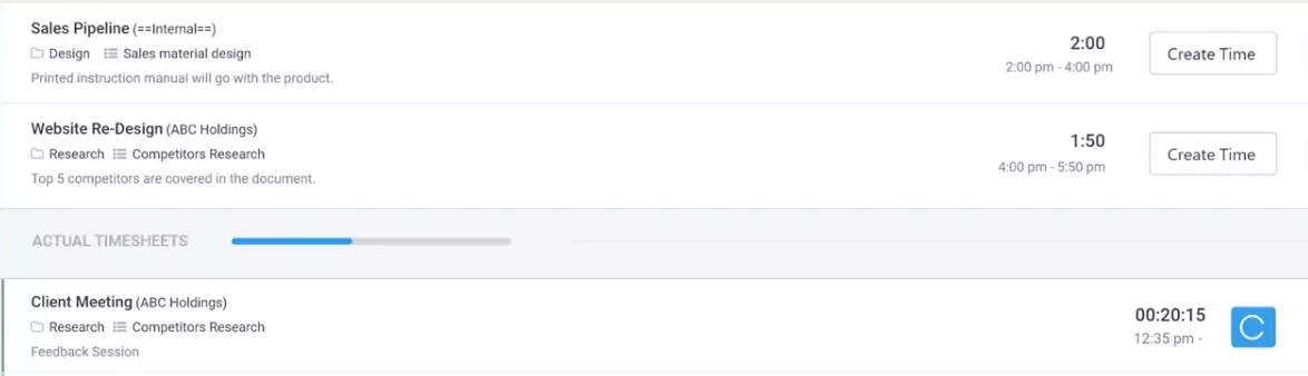 Sales pipeline and timesheet tracking interface in paymo alternatives displaying project tasks, logged hours, and time entries.