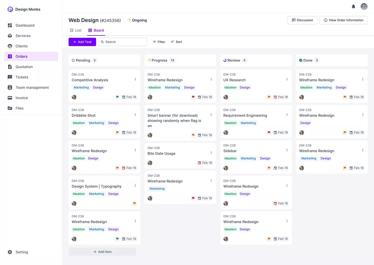 Project management kanban board with columns for Pending, In Progress, Review, and Done tasks, demonstrating workflow tracking in Manyrequests alternatives