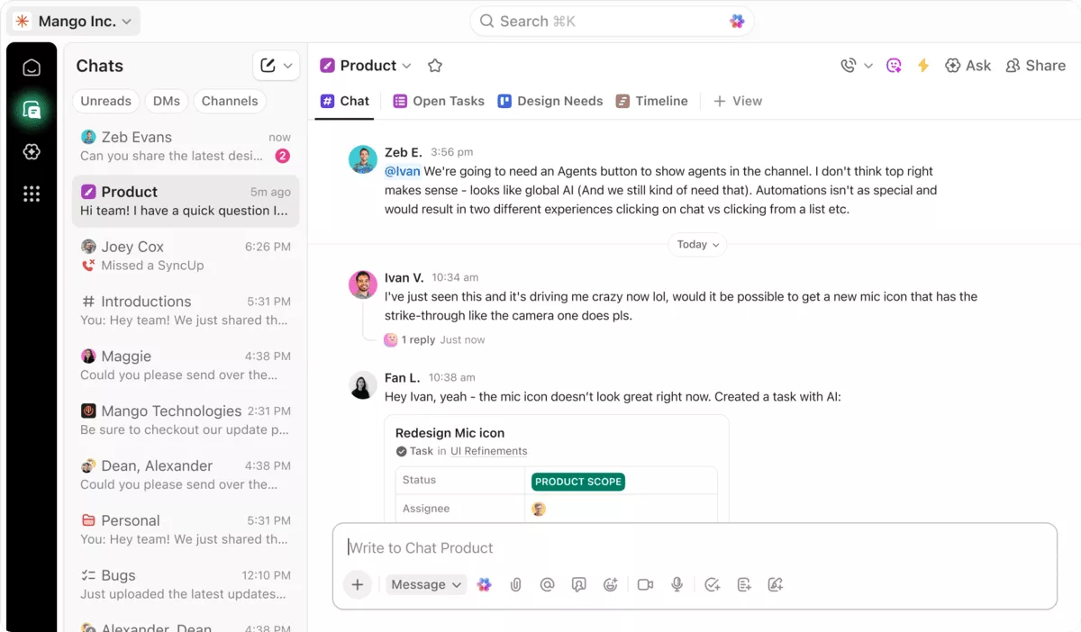 Team collaboration chat workspace in a project management tool similar to Flowlu alternatives, with channels, messages, and task creation from conversations