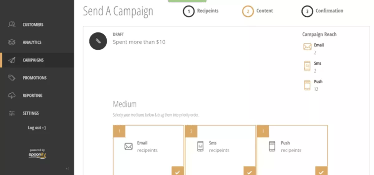 Marketing campaign builder with sidebar navigation and steps for recipients, content, and confirmation, highlighting messaging tools in Manyrequests alternatives