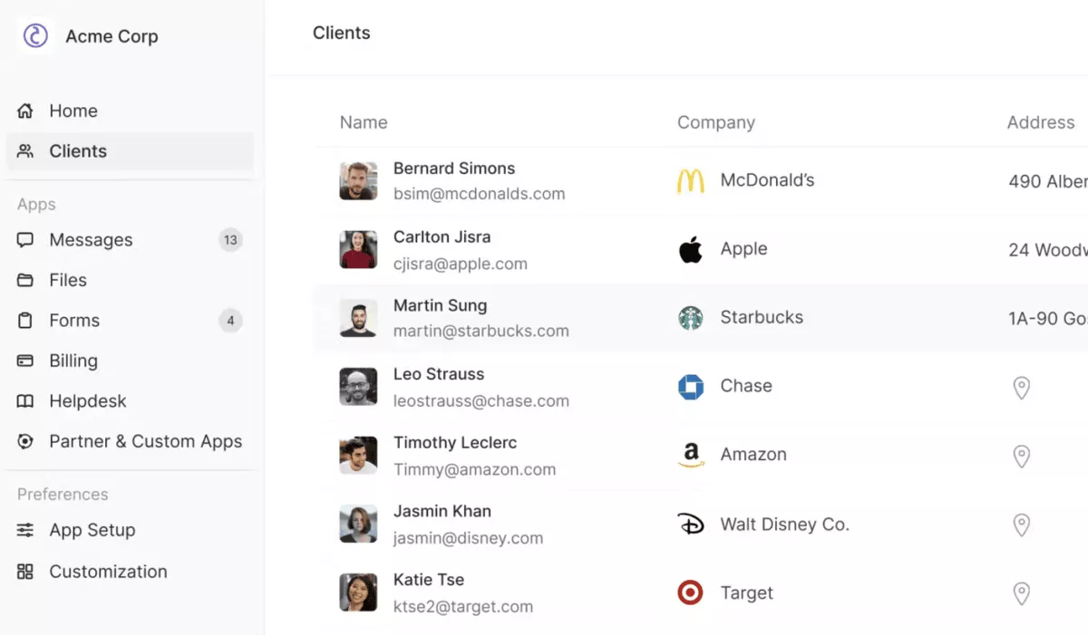 CRM clients dashboard listing contacts with names, emails, company logos, and addresses in a sidebar layout, illustrating Manyrequests alternatives client management interface
