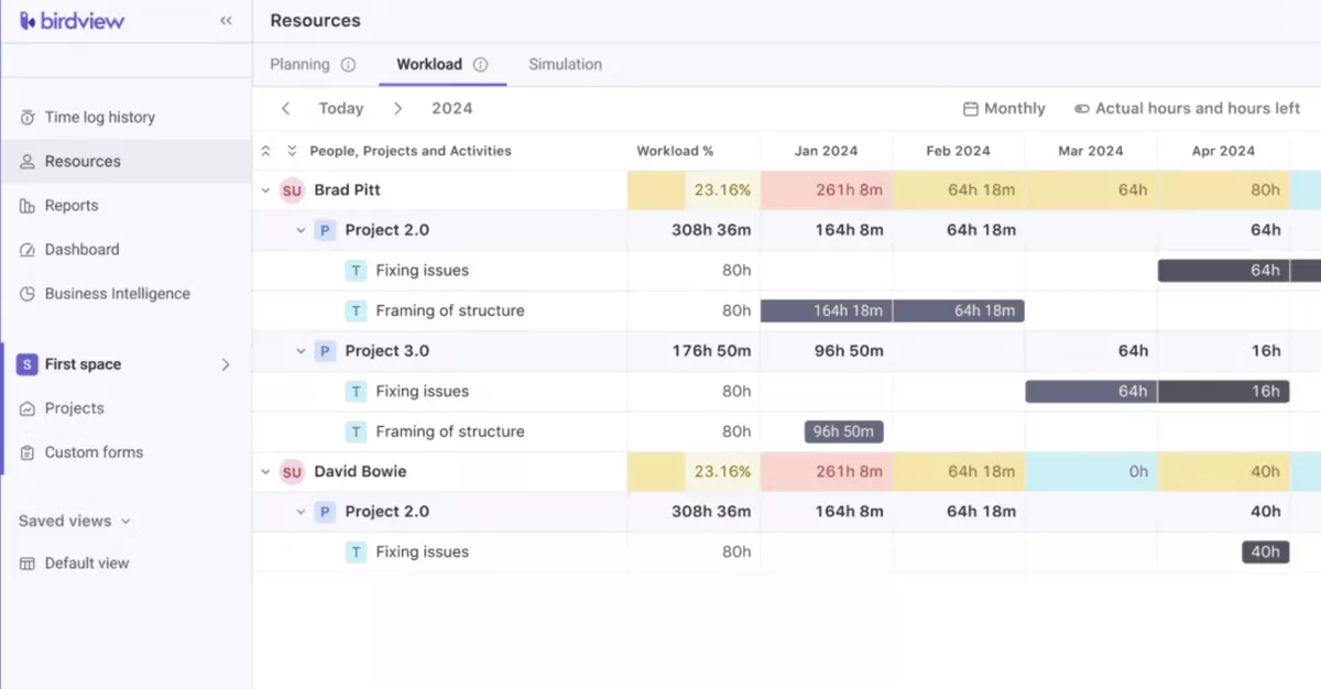Resource workload view in PSA Software displaying team members, projects, tasks, and monthly allocation hours on a timeline