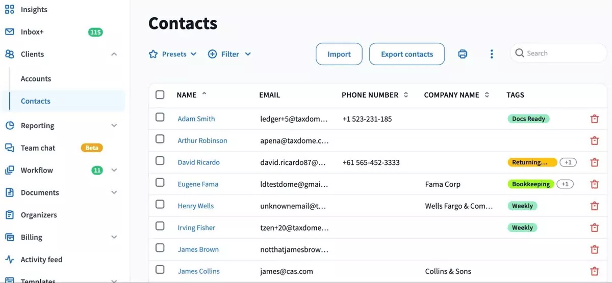 CRM for agencies contact management dashboard showing client list with names, emails, phone numbers, company details, tags, and sidebar navigation