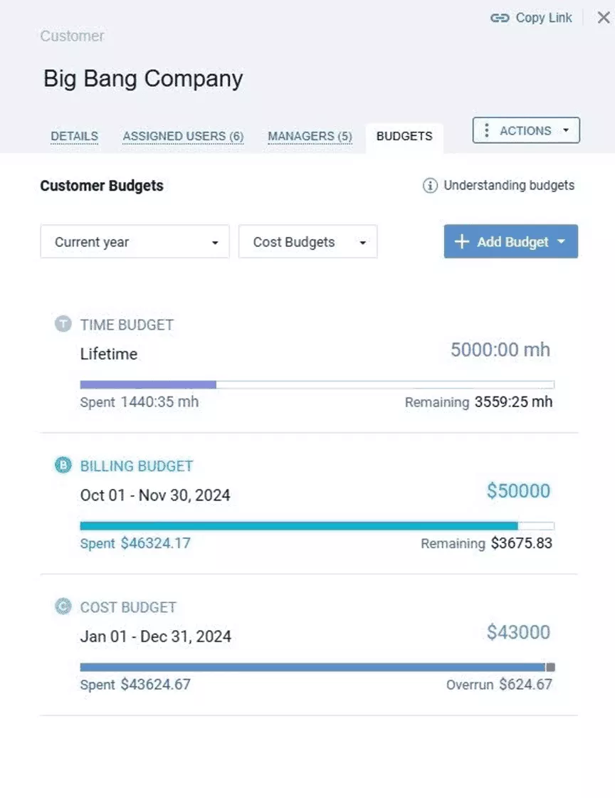 Dashboard view of creative agency project management software showing time, billing, and cost budgets with spent and remaining amounts.