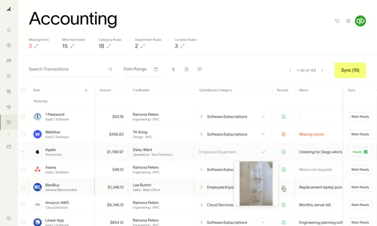 "Project management screenshot displaying expense management software with transaction details and sync options."