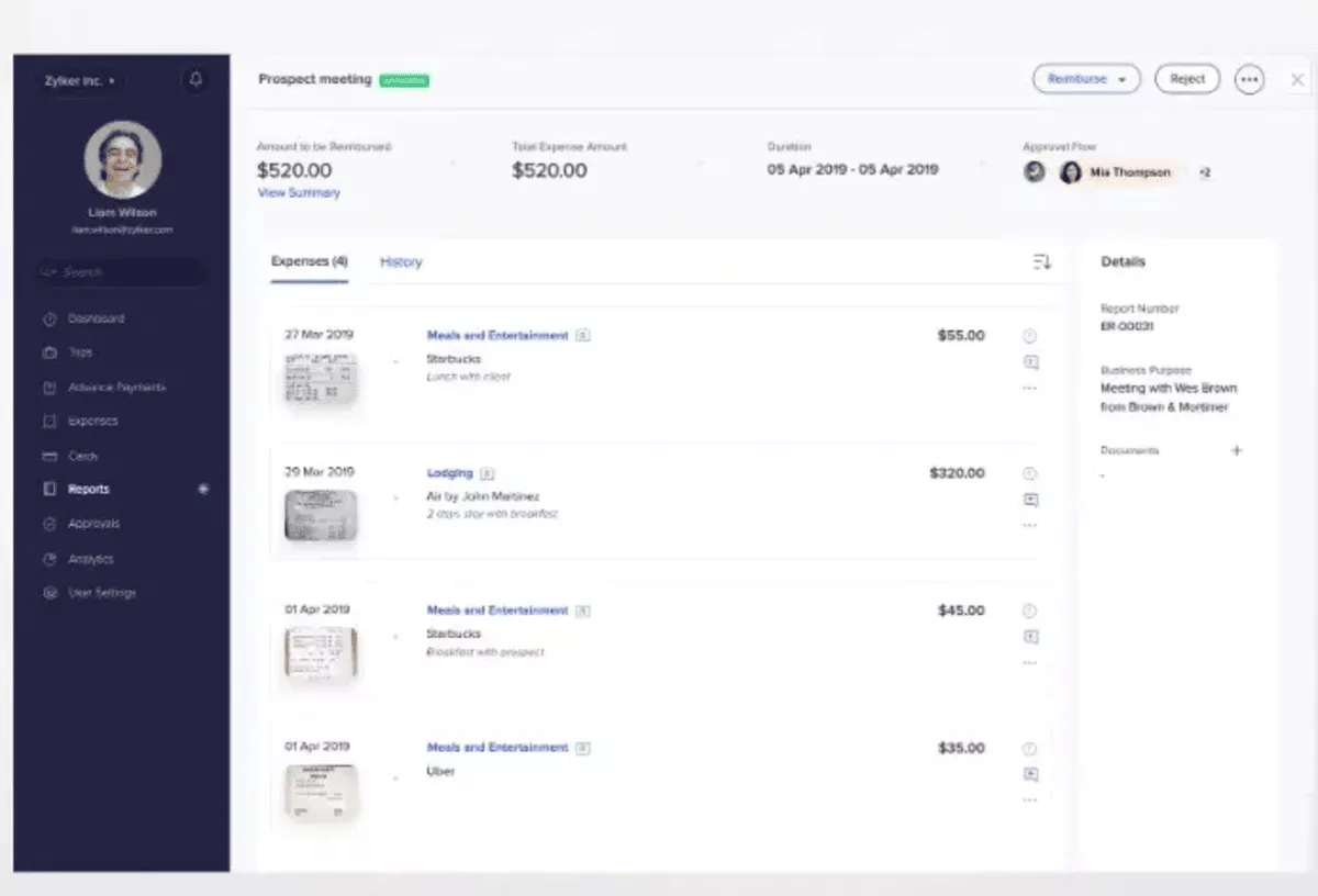 "Project management screenshot showing expense management software tracking costs and approvals for a business meeting."