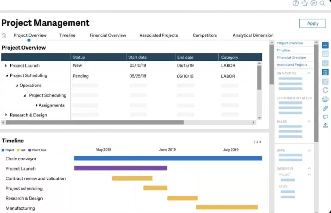 "Project management software screenshot showing timeline and expense management software integration for tasks and projects."