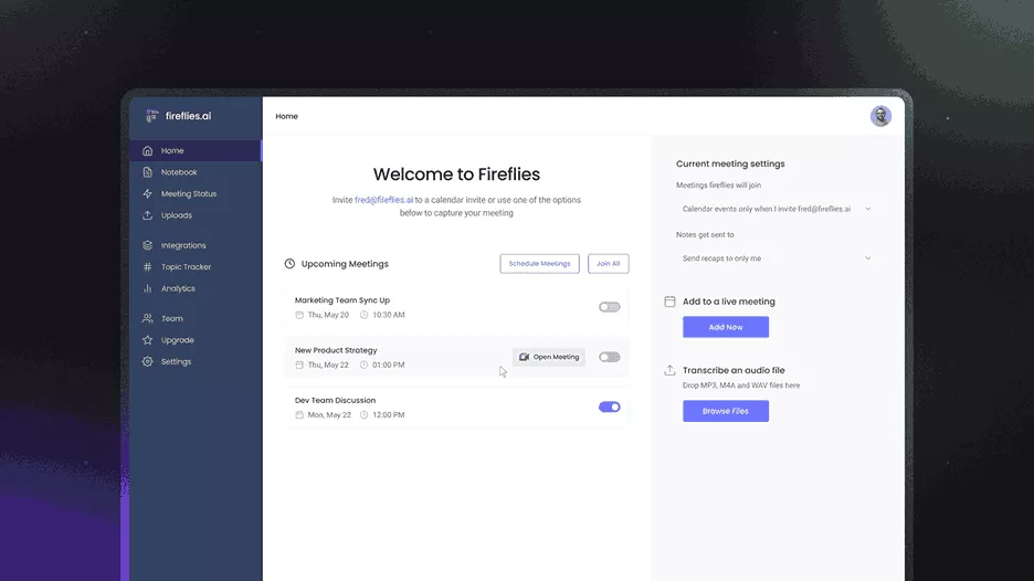 Project management software screenshot with ai notetakers, showing meeting schedules and settings for efficient collaboration.