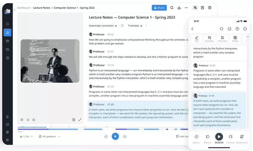 Project management software screenshot featuring AI notetakers summarizing a lecture on computer science across devices.