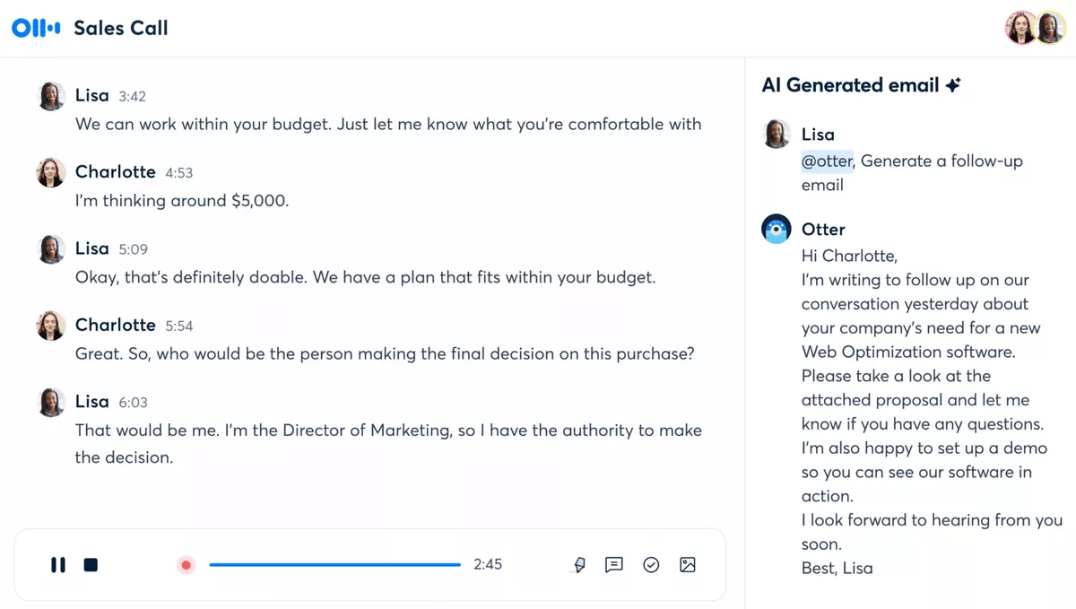 AI notetakers capture a sales call, summarizing key points and generating a follow-up email in project management software.