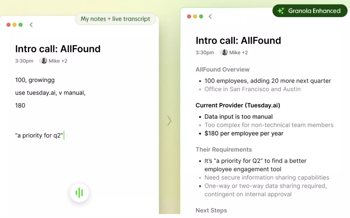 Project management software screenshot showing notes and live transcript by AI notetakers during an intro call with AllFound.